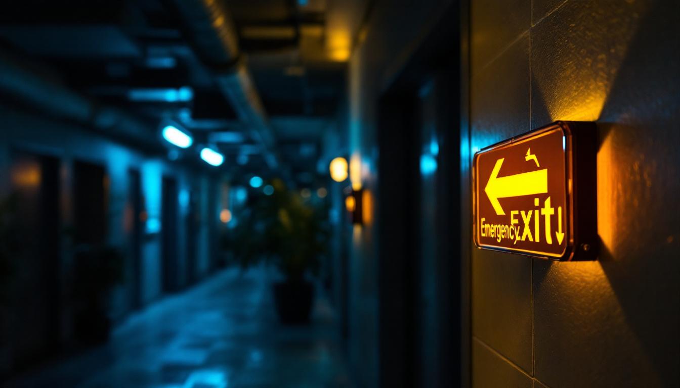 A photograph of a well-lit emergency exit sign in a commercial building