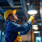 A photograph of a lighting contractor expertly installing energy-efficient fixtures in a modern commercial space