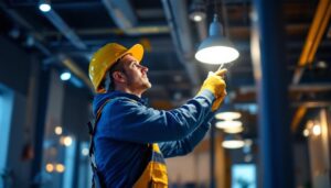 A photograph of a lighting contractor expertly installing energy-efficient fixtures in a modern commercial space