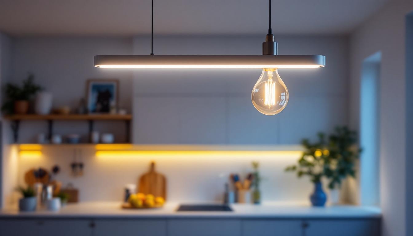 A photograph of a beautifully designed 4 ft kitchen light fixture installed in a modern kitchen setting