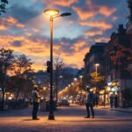 A photograph of a bustling street scene at dusk
