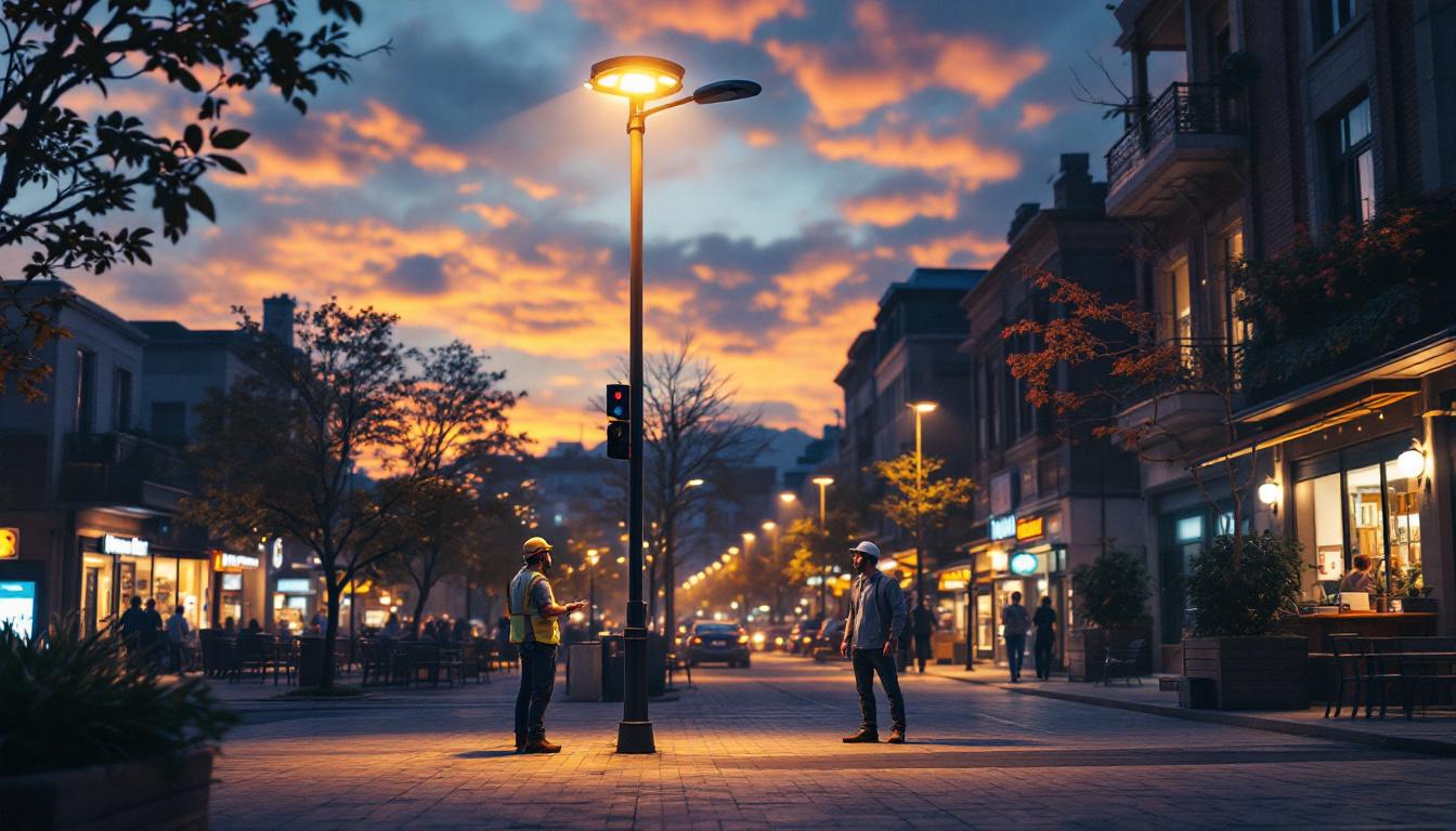 A photograph of a bustling street scene at dusk