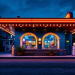 A photograph of a beautifully restored vintage gas station illuminated by warm