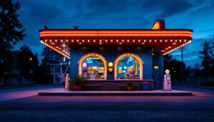 A photograph of a beautifully restored vintage gas station illuminated by warm