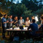 A photograph of a diverse team of professionals engaged in a hands-on training session outdoors