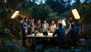 A photograph of a diverse team of professionals engaged in a hands-on training session outdoors
