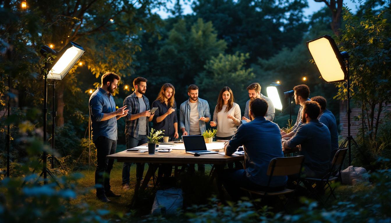 A photograph of a diverse team of professionals engaged in a hands-on training session outdoors