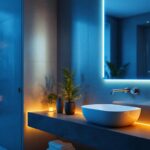 A photograph of a modern bathroom or living space featuring sleek mirror strip lights that highlight the design's elegance and functionality