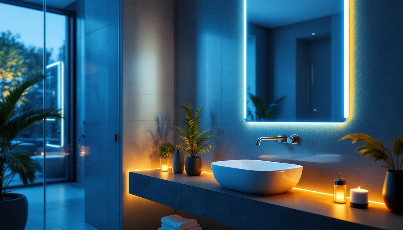 A photograph of a modern bathroom or living space featuring sleek mirror strip lights that highlight the design's elegance and functionality