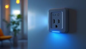 A photograph of a close-up shot of an electrical outlet with a built-in led light