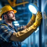A photograph of a lighting contractor installing a remote head emergency light in a commercial setting
