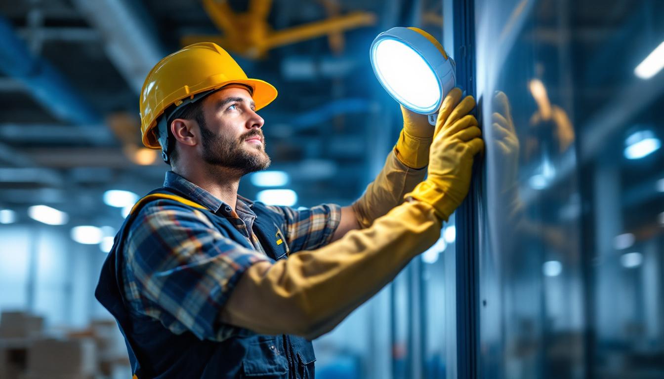 A photograph of a lighting contractor installing a remote head emergency light in a commercial setting