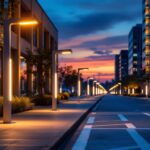 A photograph of a modern urban setting at dusk