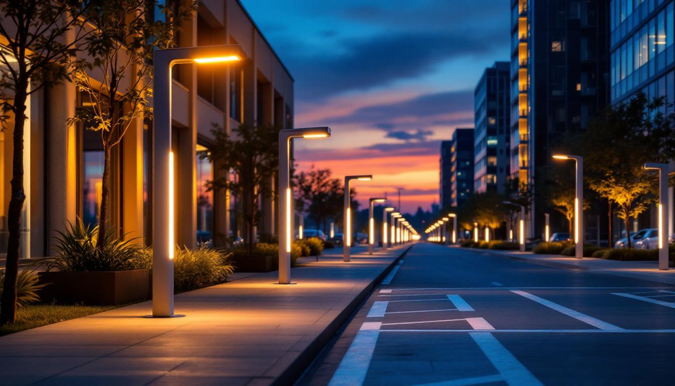 A photograph of a modern urban setting at dusk