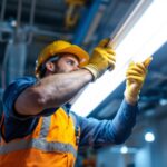A photograph of a lighting contractor expertly replacing a traditional ballast with a t8 led fixture in a commercial setting
