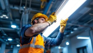 A photograph of a lighting contractor expertly replacing a traditional ballast with a t8 led fixture in a commercial setting