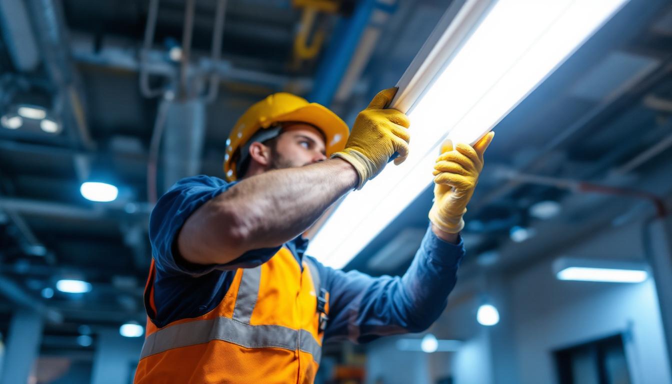 A photograph of a lighting contractor expertly replacing a traditional ballast with a t8 led fixture in a commercial setting