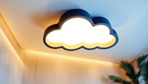A photograph of a beautifully designed cloud lighting fixture installed in a modern interior setting