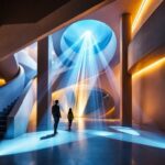 A photograph of a dynamic lighting installation in an architectural setting