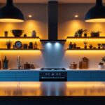 A photograph of a beautifully illuminated kitchen featuring stylish pot lights