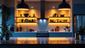 A photograph of a beautifully illuminated kitchen featuring stylish pot lights