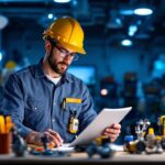 A photograph of a lighting contractor reviewing cost-effective industrial lamp options in a well-lit workspace