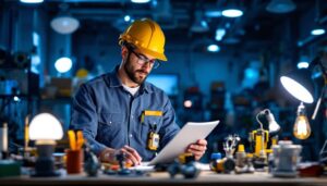 A photograph of a lighting contractor reviewing cost-effective industrial lamp options in a well-lit workspace