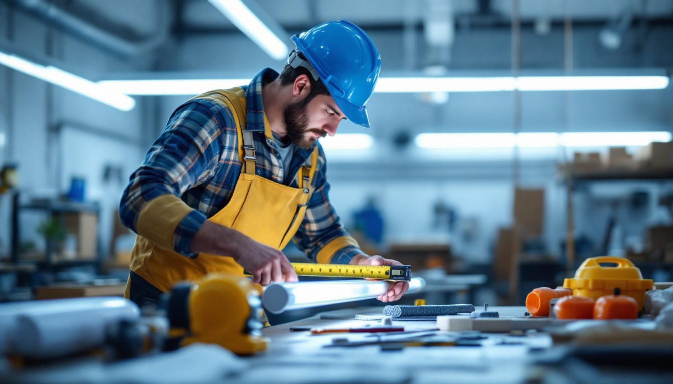 A photograph of a lighting contractor measuring a fluorescent tube with a tape measure in a well-lit workshop