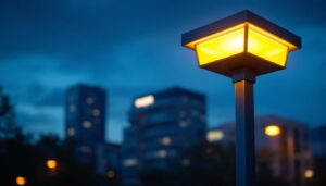 A photograph of a well-designed square lamp post illuminated at dusk