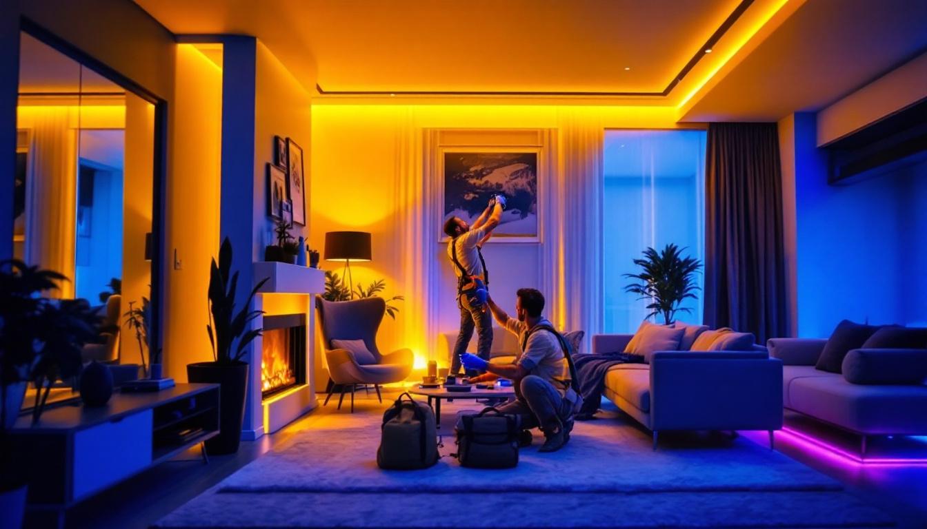 A photograph of a lighting contractor skillfully installing led tape lights in a modern home setting