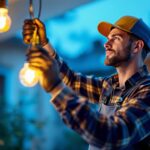A photograph of a lighting contractor installing halogen light bulbs in a residential setting