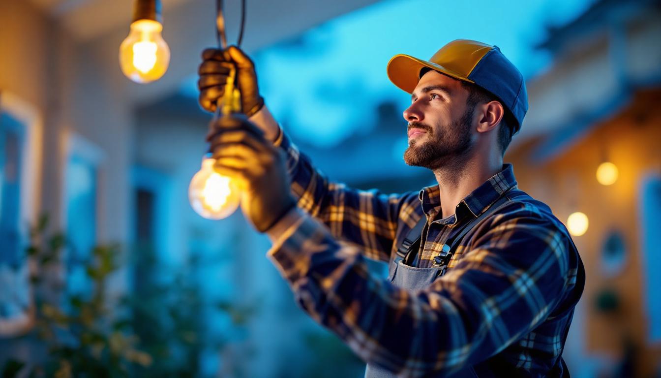 A photograph of a lighting contractor installing halogen light bulbs in a residential setting