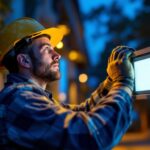 A photograph of a lighting contractor installing or adjusting led flood lights in an outdoor setting