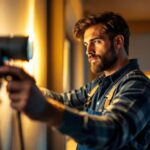 A photograph of a skilled lighting contractor expertly installing or adjusting mr16 lights in a stylish residential or commercial setting