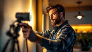 A photograph of a skilled lighting contractor expertly installing or adjusting mr16 lights in a stylish residential or commercial setting