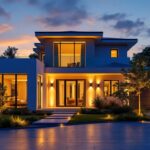 A photograph of a modern exterior house illuminated by stylish