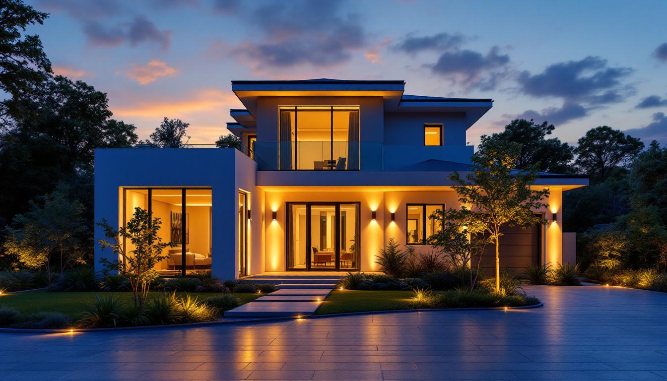A photograph of a modern exterior house illuminated by stylish