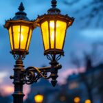 A photograph of a beautifully designed cast iron street light post in an urban setting
