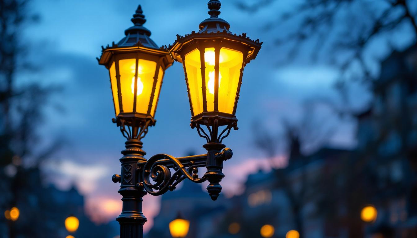 A photograph of a beautifully designed cast iron street light post in an urban setting