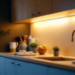 A photograph of a beautifully designed kitchen showcasing undermount cabinet lights illuminating the workspace