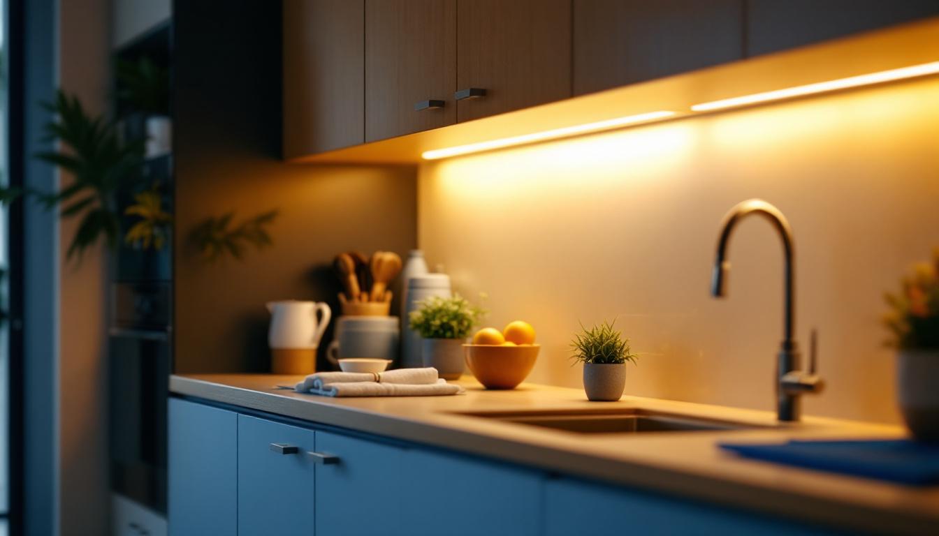 A photograph of a beautifully designed kitchen showcasing undermount cabinet lights illuminating the workspace