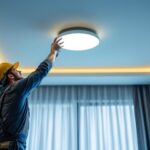 A photograph of a skilled lighting contractor installing modern ceiling lights in a stylish interior