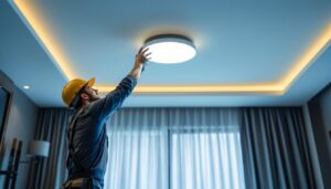 A photograph of a skilled lighting contractor installing modern ceiling lights in a stylish interior