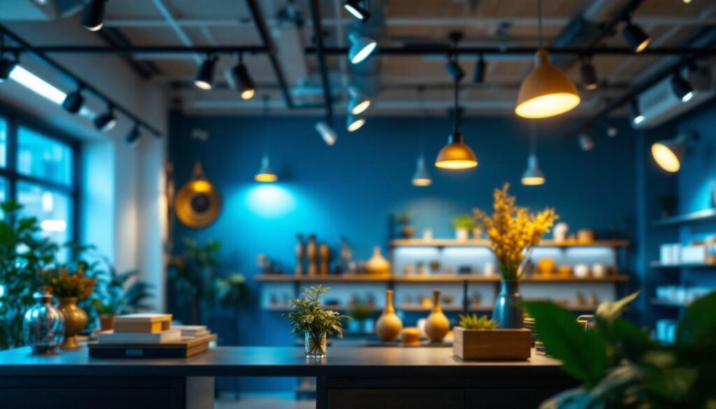 A photograph of capture a photograph of a well-lit retail space showcasing various track lighting installations