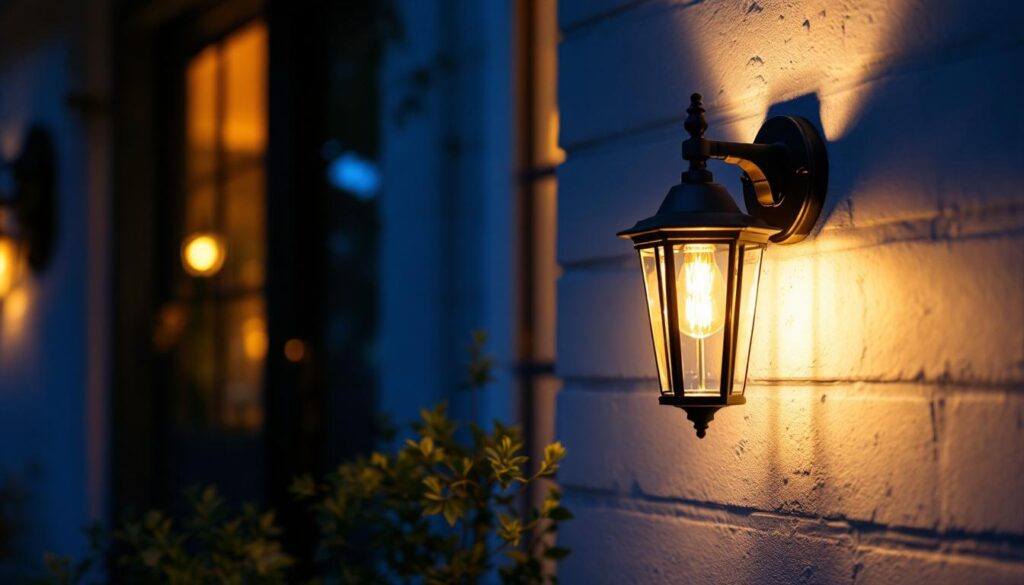 A photograph of a beautifully designed outdoor front door light fixture illuminating an inviting entrance