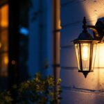 A photograph of a beautifully designed outdoor front door light fixture illuminating an inviting entrance
