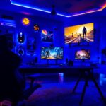 A photograph of a vibrant gaming room showcasing dynamic led lighting effects