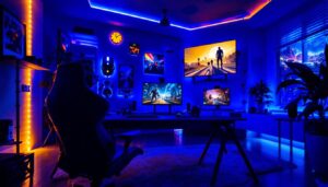 A photograph of a vibrant gaming room showcasing dynamic led lighting effects