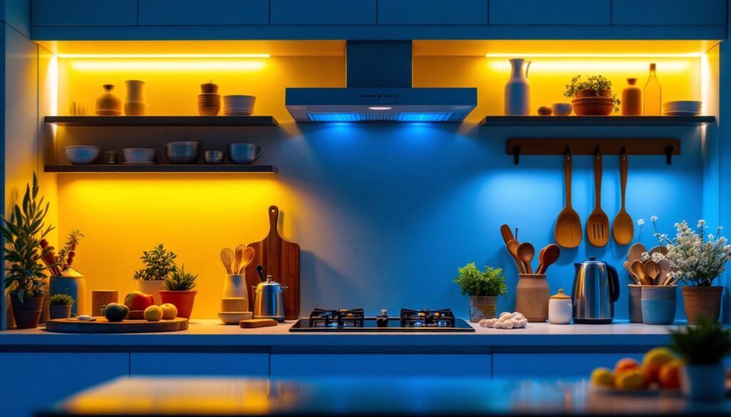 A photograph of a beautifully lit kitchen scene featuring stylish under-cabinet lights illuminating the countertop