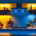 A photograph of a beautifully lit kitchen scene featuring stylish under-cabinet lights illuminating the countertop